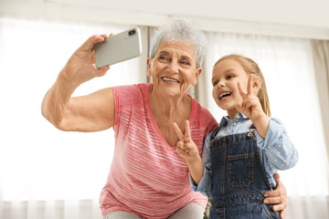 Cute girl and her grandmother taking selfie  at home