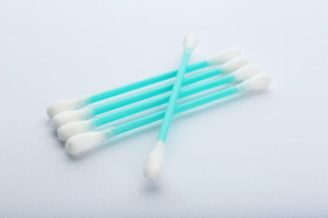 Plastic cotton swabs on white background. Hygienic accessory