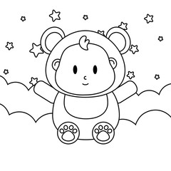 bear costume sitting over a cloud in black and white