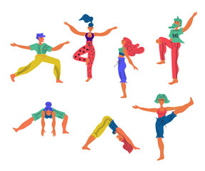 Set of diverse people practice yoga, men and women cartoon characters vector illustration isolated on white background. Wellness and yoga concept.