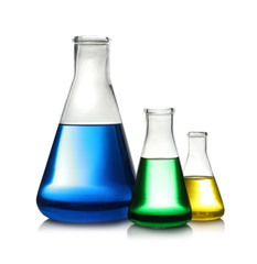 Erlenmeyer flasks with color liquid isolated on white. Solution chemistry