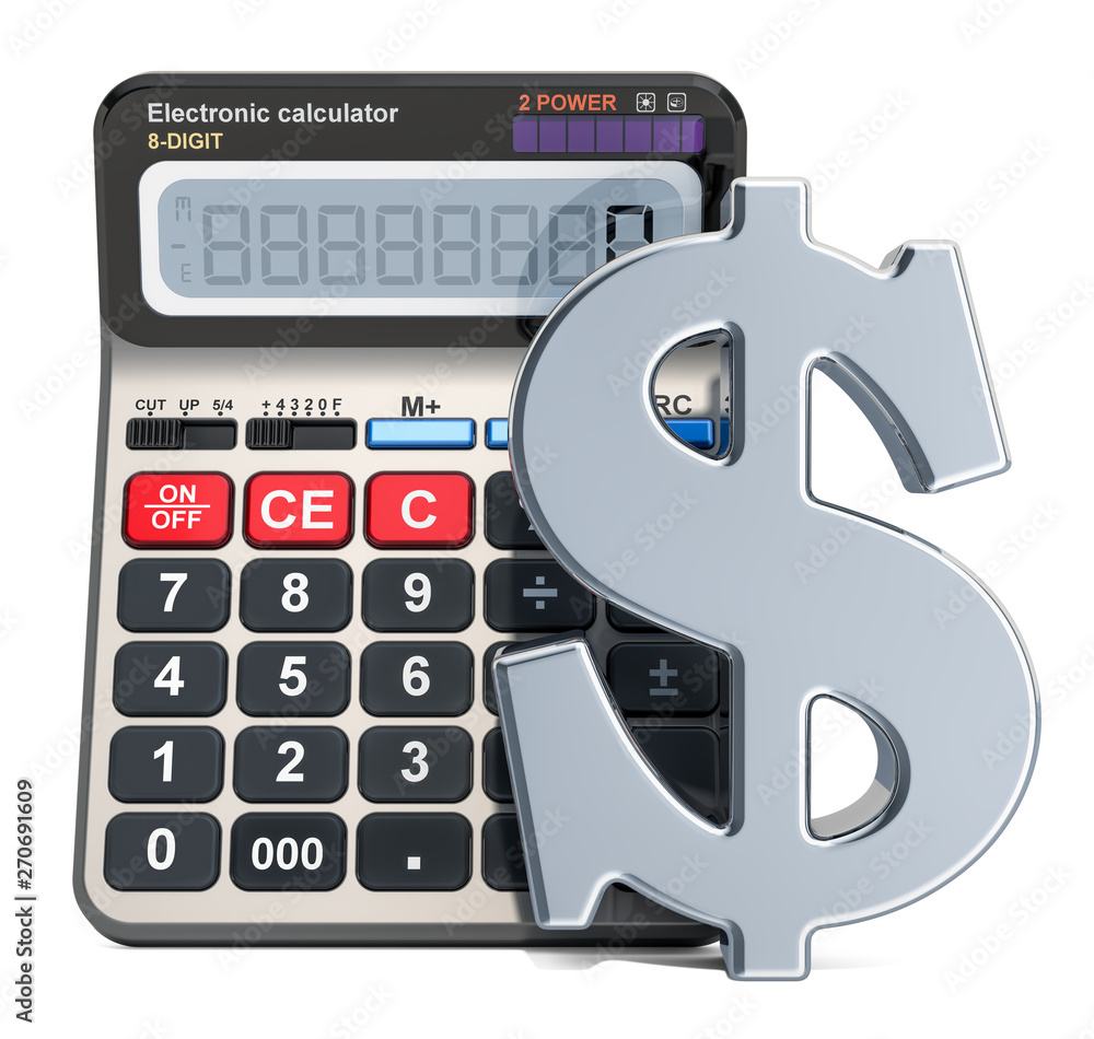 Poster calculator with dollar symbol, 3d rendering