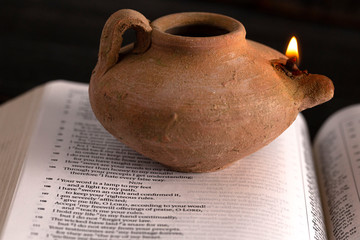 Lit Ancient Oil Lamp with an Open Bible Thy Word is a Lamp Unto My Feet