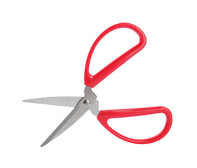 Pair of sewing scissors on white background