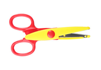 Pair of plastic scissors on white background