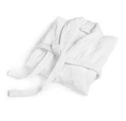 Clean folded cotton bathrobe on white background - obrazy, fototapety, plakaty