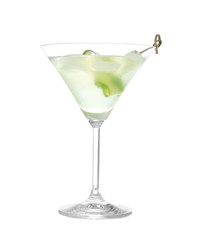 Glass of tasty martini with cucumber on white background