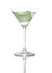 Glass of tasty martini with cucumber on white background