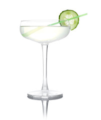 Glass of tasty martini with cucumber on white background