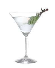 Glass of tasty martini with cucumber and rosemary on white background