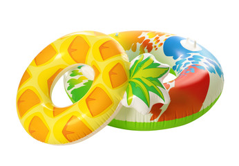 Different bright inflatable rings on white background. Summer holidays