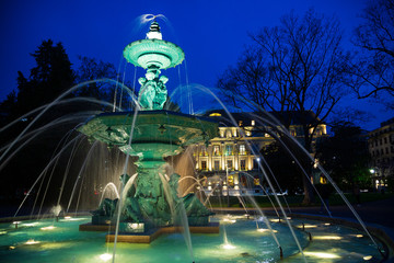 Ornamental park fountain at night in Geneva City