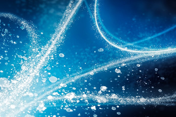 Blue background with particulates and molecules for medicine. Concept of science, medicine and...