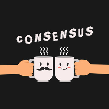 Conceptual hand writing showing Consensus. Business photo showcasing general agreement about particular subject event or action Hu analysis hand Holding Male Female His and Hers Mugs icon