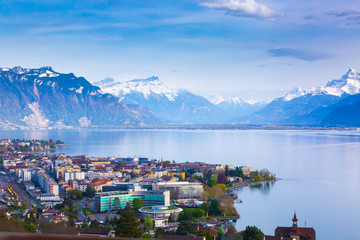 Panorama of Montreux city, Lake Geneva and amazing mountains in Switzerland - obrazy, fototapety, plakaty