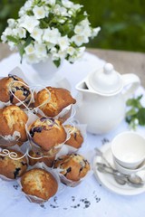 Blueberry muffins. Breakfast in the garden in nature. traditional English tea, high tea .