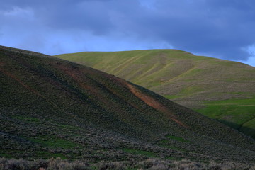 green hill sides in early spring at dusk 