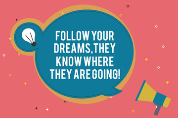 Text sign showing Follow Your Dreams They Know Where They Are Going. Conceptual photo Accomplish goals Blank Round Speech Bubble with Bulb Idea Icon Sticker Style and Megaphone