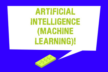 Writing note showing Artificial Intelligence Machine Learning. Business photo showcasing Latest technology robots chat bot Rectangular Speech Bubble with Tail pointing to Dollar Paper Bill