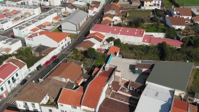 drone Azores Portugal aerial view of the village and green mountains