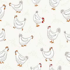Seamless pattern of hand drawn cute cartoon chicken