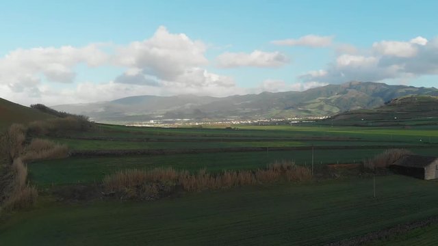 aerial drone Azores Portugal landscape with mountains and clouds