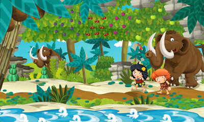 cartoon scene with cavemen traveling near the stream with mammoths illustration for children