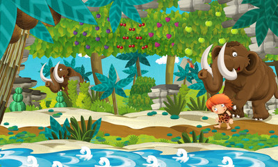 cartoon scene with cavemen traveling near the stream with mammoths illustration for children