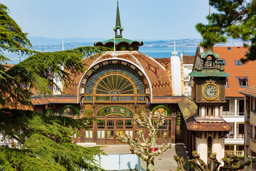 Historic art nouveau pump house of mineral water in Evian-les-Bains city in France