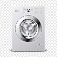 Vector 3d Realistic Modern White Steel Washing Machine Icon Closeup Isolated on Transparent Background. Design Template of Wacher. Front View, Laundry Concept