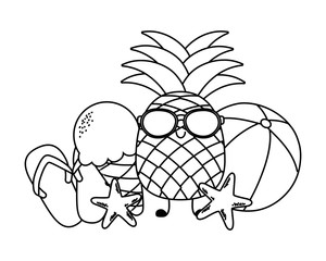Summer and fruits funny cartoons in black and white