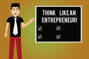 Writing note showing Think Like An Entrepreneur. Business photo showcasing Have an entrepreneurship mind Start up strategy Man with Tie Talking Presenting Blank Color Square Board