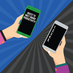 Handwriting text Invest To Meet Higher Productivity. Concept meaning Make investments for growing business Two Hu analysis Hands Each Holding Blank Smartphone Mobile on Sunburst photo