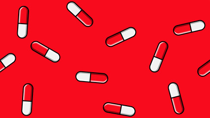 Seamless pattern texture of red oval white and red medical pharmaceutical pills capsules with medication, drugs, vitamins on a red background. Vector illustration