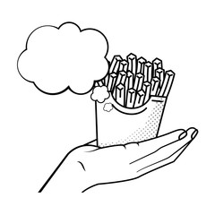 hand holding french fries black and white
