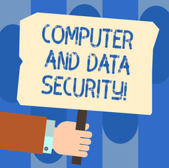 Writing note showing Computer And Data Security. Business photo showcasing Online software safety password protection Hu analysis Hand Holding Colored Placard with Stick Text Space
