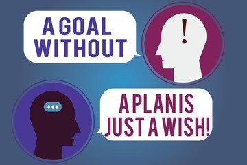 Word writing text A Goal Without A Plan Is Just A Wish. Business concept for Make strategies to reach objectives Messenger Room with Chat Heads Speech Bubbles Punctuations Mark icon