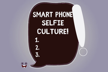 Word writing text Smart Phone Selfie Culture. Business concept for Self Portrait Social Network Photography Blank Color Speech Bubble Outlined with Exclamation Point Monster Face icon