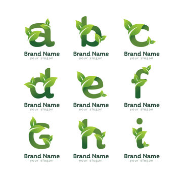 Eco green letter pack logo design template. Green alphabet vector designs with green and fresh leaf illustration.