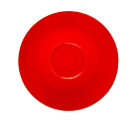 Empty red ceramic round plate isolated on white background. Top view