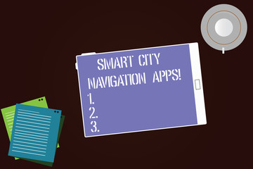Writing note showing Smart City Navigation Apps. Business photo showcasing Connected technological advanced modern cities Tablet Screen Cup Saucer and Filler Sheets on Color Background