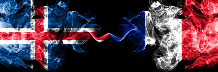 Iceland, Icelandic, France, French competition thick colorful smoky flags. European football qualifications games