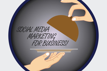 Text sign showing Social Media Marketing For Business. Conceptual photo Advertising Optimization strategy Hu analysis Hands Serving Tray Platter and Lifting the Lid inside Color Circle