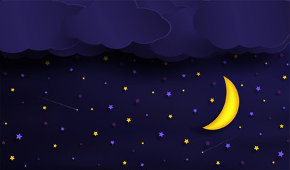 vectors of the sky during the night. And there are many stars and the moon was shining. And there are clouds float. and The design style origami or paper art and used as illustration or as a backgroun