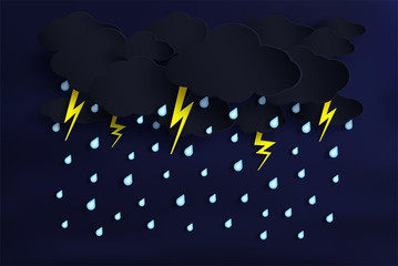 vector of the rainy season and cloudy with rain is falling. And there's lightning and The design style origami or paper art and used as illustration or as a background.