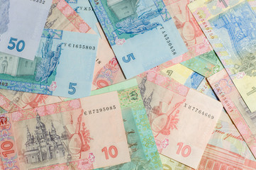 Fototapeta na wymiar Ukrainian money. Hryvnia paper bill. Small paper notes. Cash. Background texture.