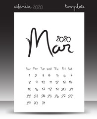 Calendar for 2020, Lettering calendar, March 2020, hand drawn Lettering calendar vector illustration