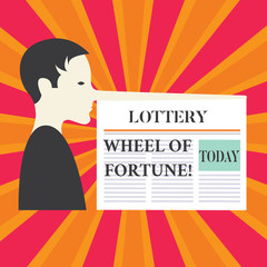 Writing note showing Lottery Wheel Of Fortune. Business photo showcasing Chances good luck gambling addiction gambler Man with a Very Long Nose like Pinocchio a Blank Newspaper is attached