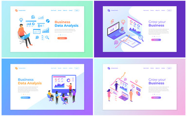 Set of web page design templates for data analysis, digital marketing, teamwork, business strategy and analysis. Modern vector illustration concepts for website and mobile website development.