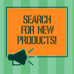 Handwriting text Search For New Products. Concept meaning Look different things to sell get other customers Megaphone Sound icon Outlines Blank Square Loudspeaker Text Space photo